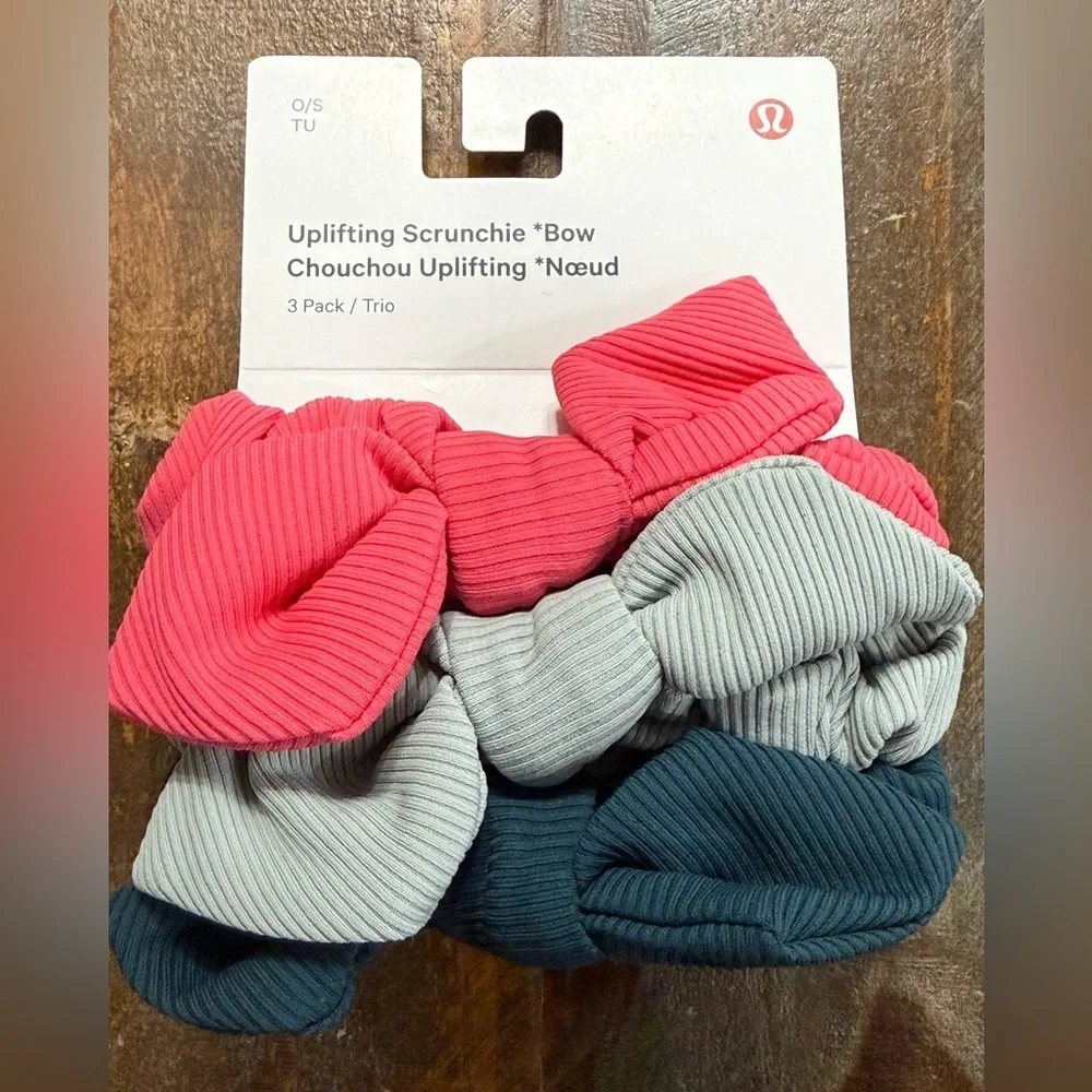 lululemon athletica 3 Pack Uplifting Scrunchie Ribbed Pink Teal Gray NWT
